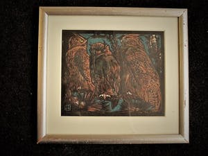 Louis Haver - Fraaie handgekleurde Linosnede "Uilen familie bij nacht" kopen? Bied vanaf 35!