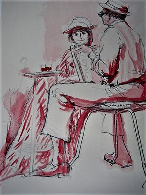 Niet of onleesbaar gesigneerd - Leuke met monogram "IL" gesigneerde Aquarel "op het terras" kopen? Bied vanaf 5!