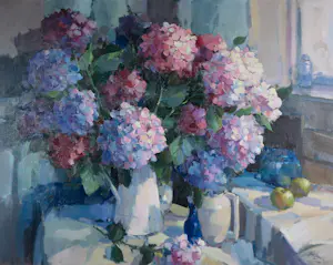 Jos Leurs - Olieverf op doek, Stilleven met hortensia's - Ingelijst (Groot!) kopen? Bied vanaf 500!
