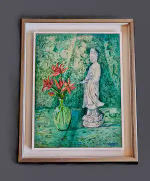 Antoinette van Hoytema - Pointillistisch olieverf op doek "strelitzia en Boedhha" fraai ingelijst verkauft für € 64!