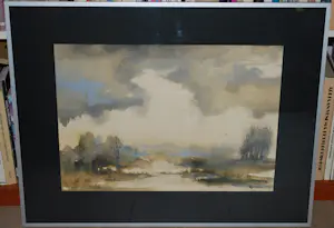 Sjoerdtje Mulder-Hak - Waterlandschap met verre einder - mooi ingelijste grote aquarel kopen? Bied vanaf 75!