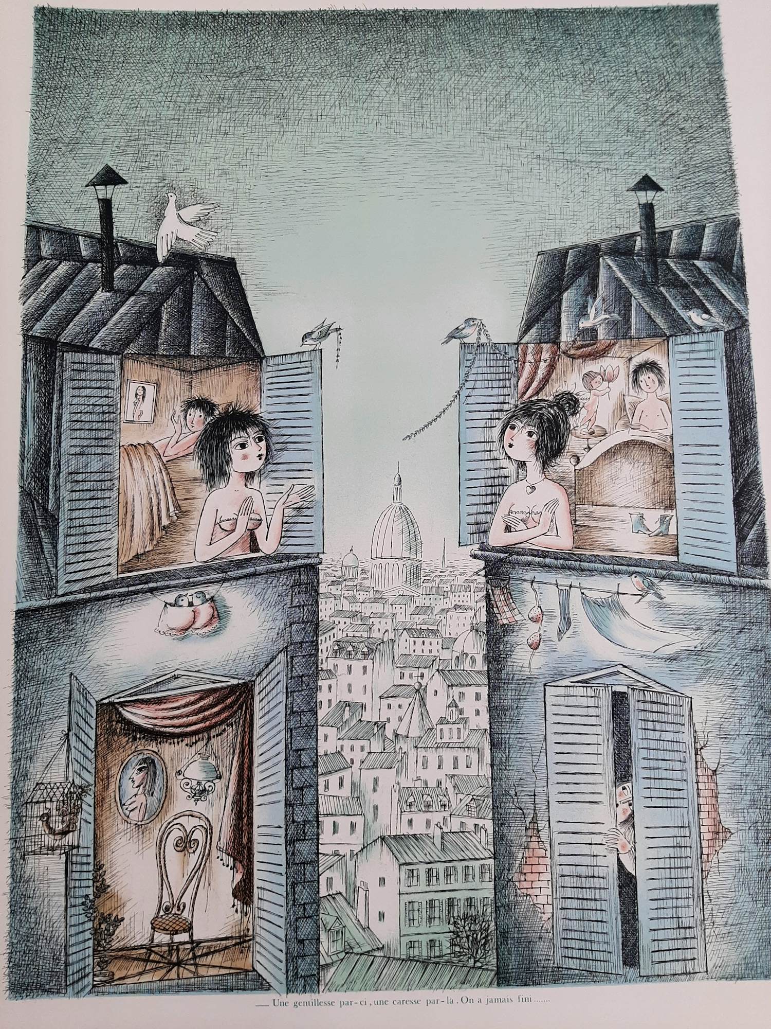 Raymond Peynet - Litho, titel, Une gennillesse par-ci, une caresse par-la on a jamaais fini verkocht voor € 45!