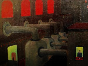 Theo Stiphout - Olieverf ca. 1940 - Nieuwe Zakelijkheid - "Nachtdienst in de Fabriek" - gesigd kopen? Bied vanaf 380!