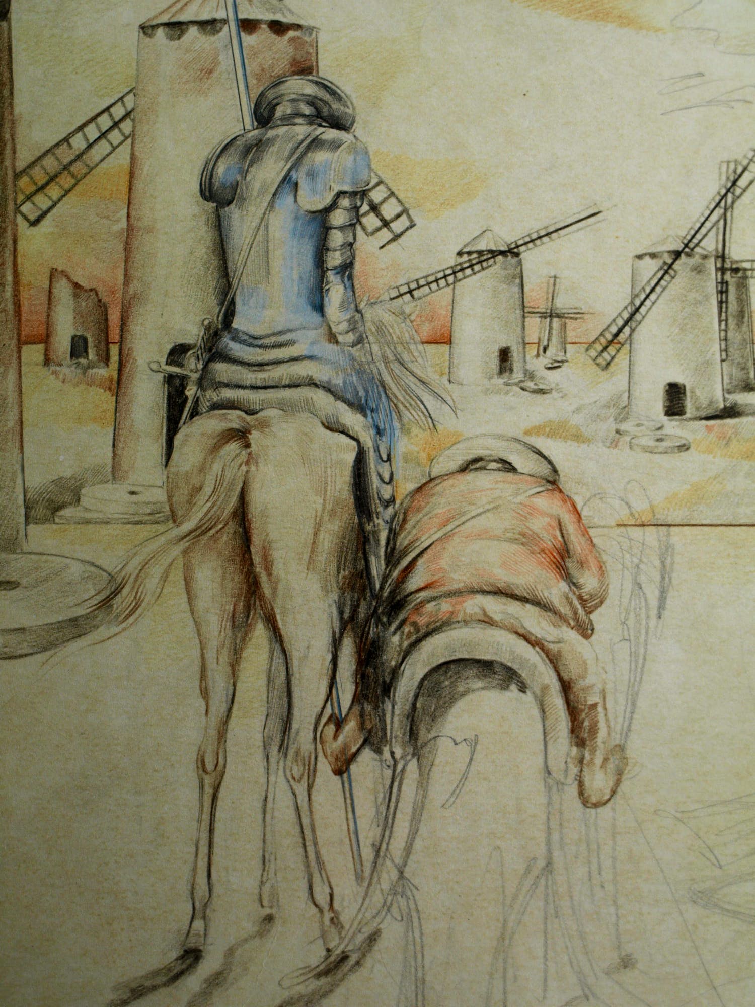 Corstiaan de Vries - Ingelijste tekening , Don Quichot & Sancho Panza – 100 x 61 cm verkocht voor € 100!