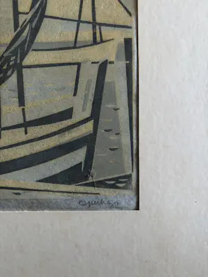 Geert Geerligs - linosnede: het inhalen van de netten kopen? Bied vanaf 25!