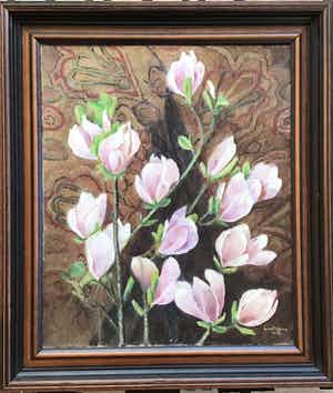 Lien Straver - Schilderij Magnolia’s, gesigneerd en ingelijst,olieverf op doek verkocht voor € 25!