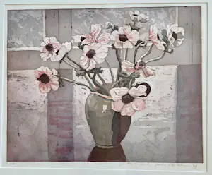 Marcel Schellekens - Kleur ets Roze anemonen in vaas, gesigneerd en ingelijst kopen? Bied vanaf 95!