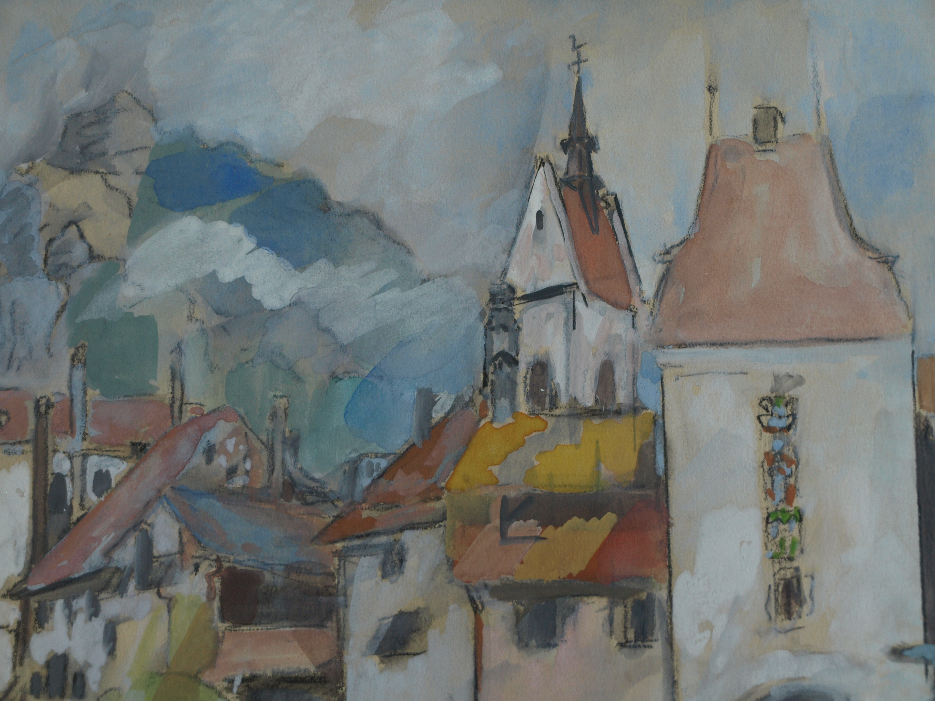 Niet of onleesbaar gesigneerd - Gemengde techniek , Dorpsgezicht – gesigneerd & ingelijst - 1968 kopen? Bied vanaf 1!