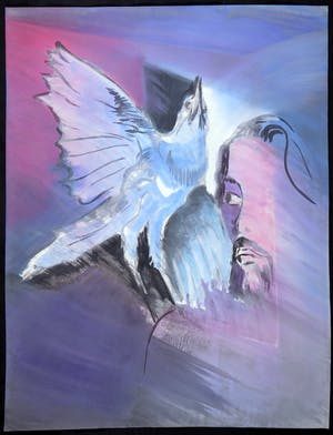 Joe Wols - Gemengde techniek op papier, Vogel en man kopen? Bied vanaf 1!