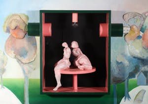 Franscz Witte - Beschilderd houten object met lamp, Landschap met draaiend paar (Groot!) kopen? Bied vanaf 50!