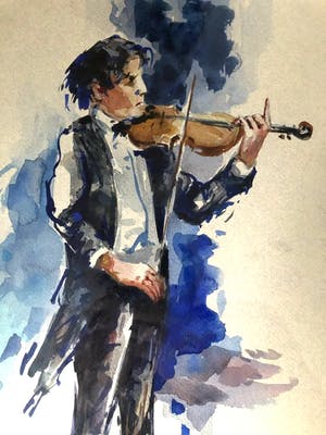 Buy Henk Fonville - Violist - Aquarel, Ingelijst? Bid from 90!