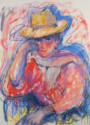 Annemarie de Groot - Pastel, Vrouw met hoed - Ingelijst kopen? Bied vanaf 100!