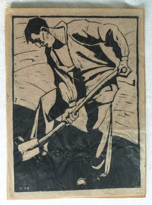 Marinus Vreugde - Houtsnede , Boer met schop – gesigneerd – ca. 1920 kopen? Bied vanaf 1!