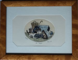 Niet of onleesbaar gesigneerd - 3 Ingelijste etsen met katten – gesigneerd Anna W. kopen? Bied vanaf 1!