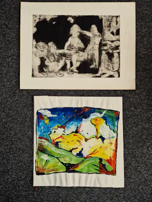 Jacqueline de Jong - Grote 1970 Ets "figuren" + grote abstracte Gouache van onbekende kunstenaar kaufen? Bieten Sie von 70!