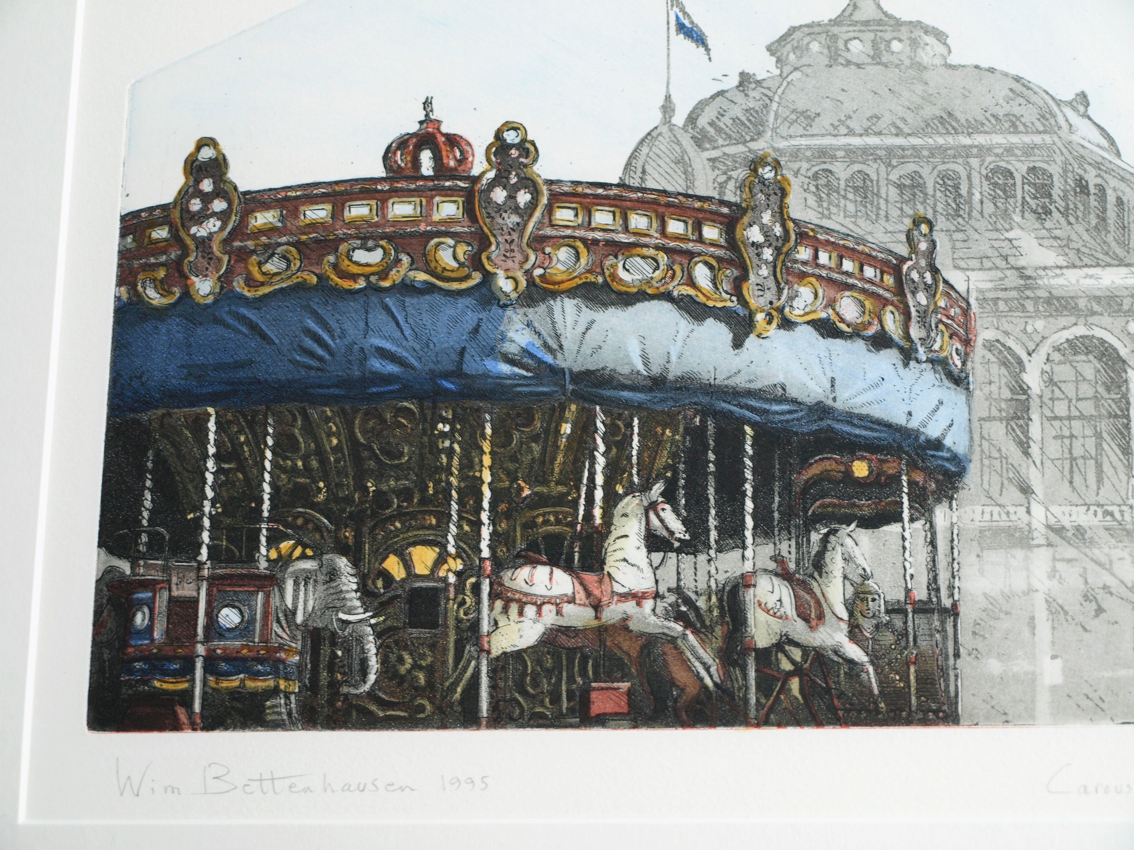 Wim Bettenhausen - Ets , Carousel bij Kurhaus , Scheveningen – ingelijst – 1995 kopen? Bied vanaf 75!