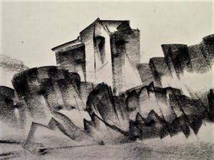 Niet of onleesbaar gesigneerd - Intrigerende 1961 Houtskooltek. "Bergachtig landschap met dorp" gesigneerd kopen? Bied vanaf 1!