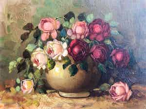 Niet of onleesbaar gesigneerd - rozen in aardewerk potje verkocht voor € 1!