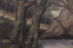 Niet of onleesbaar gesigneerd - Pasteltekening, Landschap met bomen, rots en water - Ingelijst kopen? Bied vanaf 1!