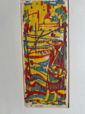 Geert Geerligs - linosnede met kleurrijk havengezicht met personen bij kade kopen? Bied vanaf 35!