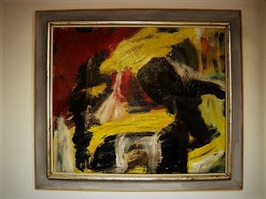 Niet of onleesbaar gesigneerd - Intrigerend Abstract jaren 50/60 olieverf doek - monogram - Originele lijst kopen? Bied vanaf 1!