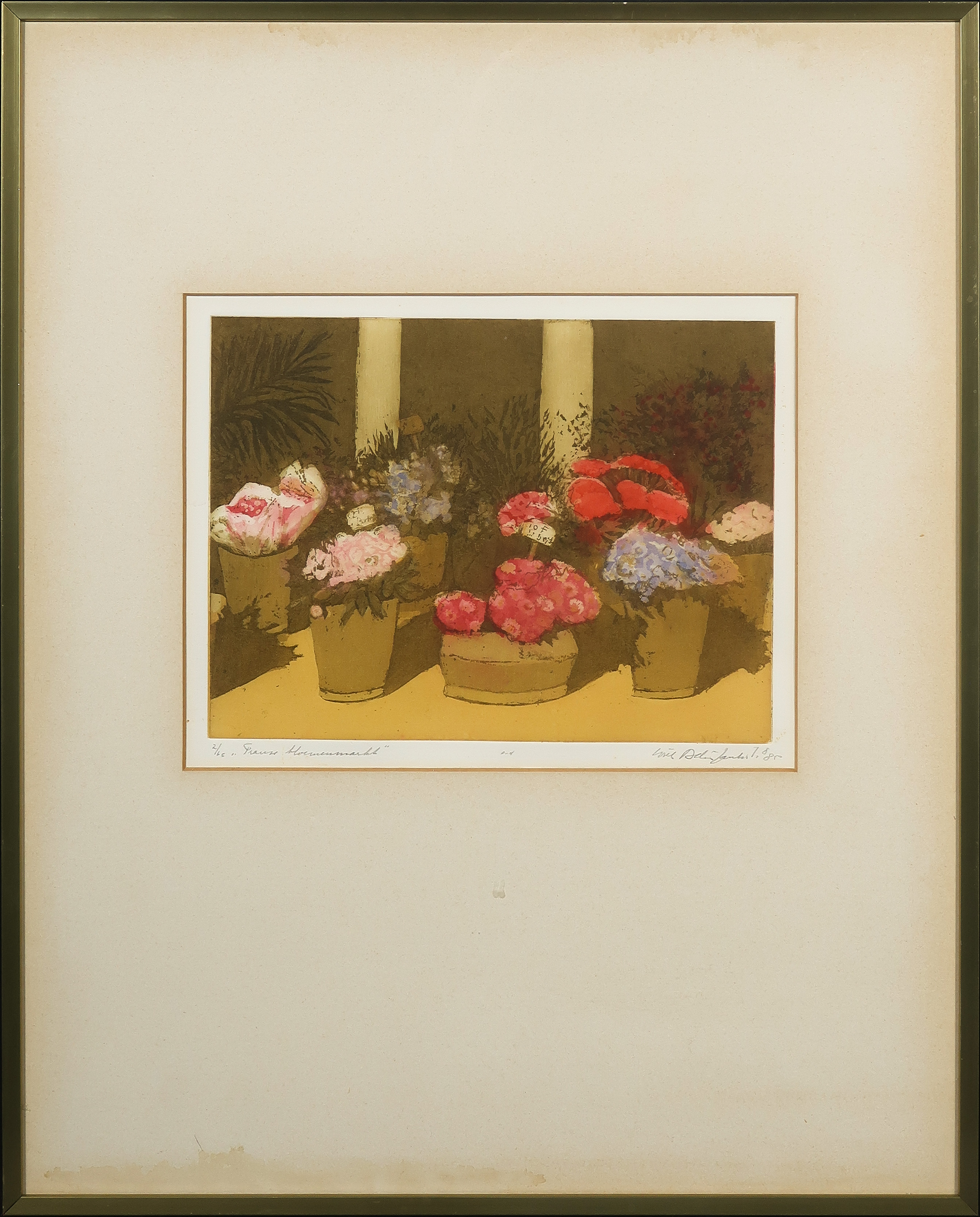 Willy Belinfante - Aquatint, Franse bloemenmarkt - Ingelijst kopen? Bied vanaf 35!