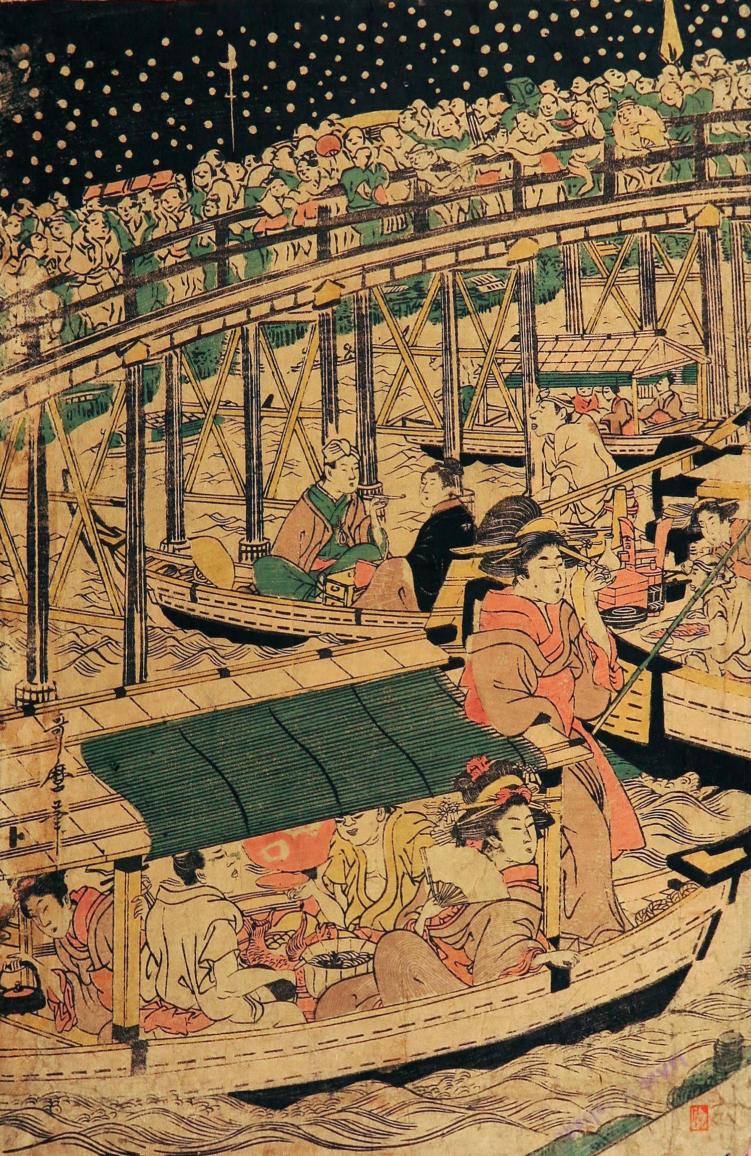Kitagawa Utamaro - Houtdruk, Vuurwerk bij de Ryogoku Brug verkocht voor € 50!