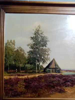 Niet of onleesbaar gesigneerd - Mooi olieverf schilderij van een landschap met een hutje op de hei kopen? Bied vanaf 1!