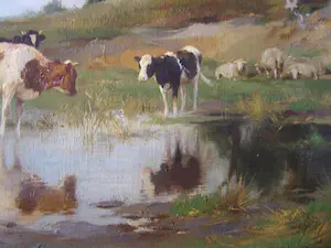 Adrianus Johannes Groenewegen - Koeien, kalf, schapen en boerin in landschap bij waterplasje kopen? Bied vanaf 250!