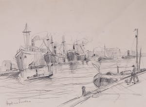 August Willem van Voorden - Tekening, Havengezicht met dokwerker kopen? Bied vanaf 100!