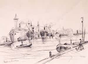 August Willem van Voorden - Tekening, Havengezicht met dokwerker verkocht voor € 100!