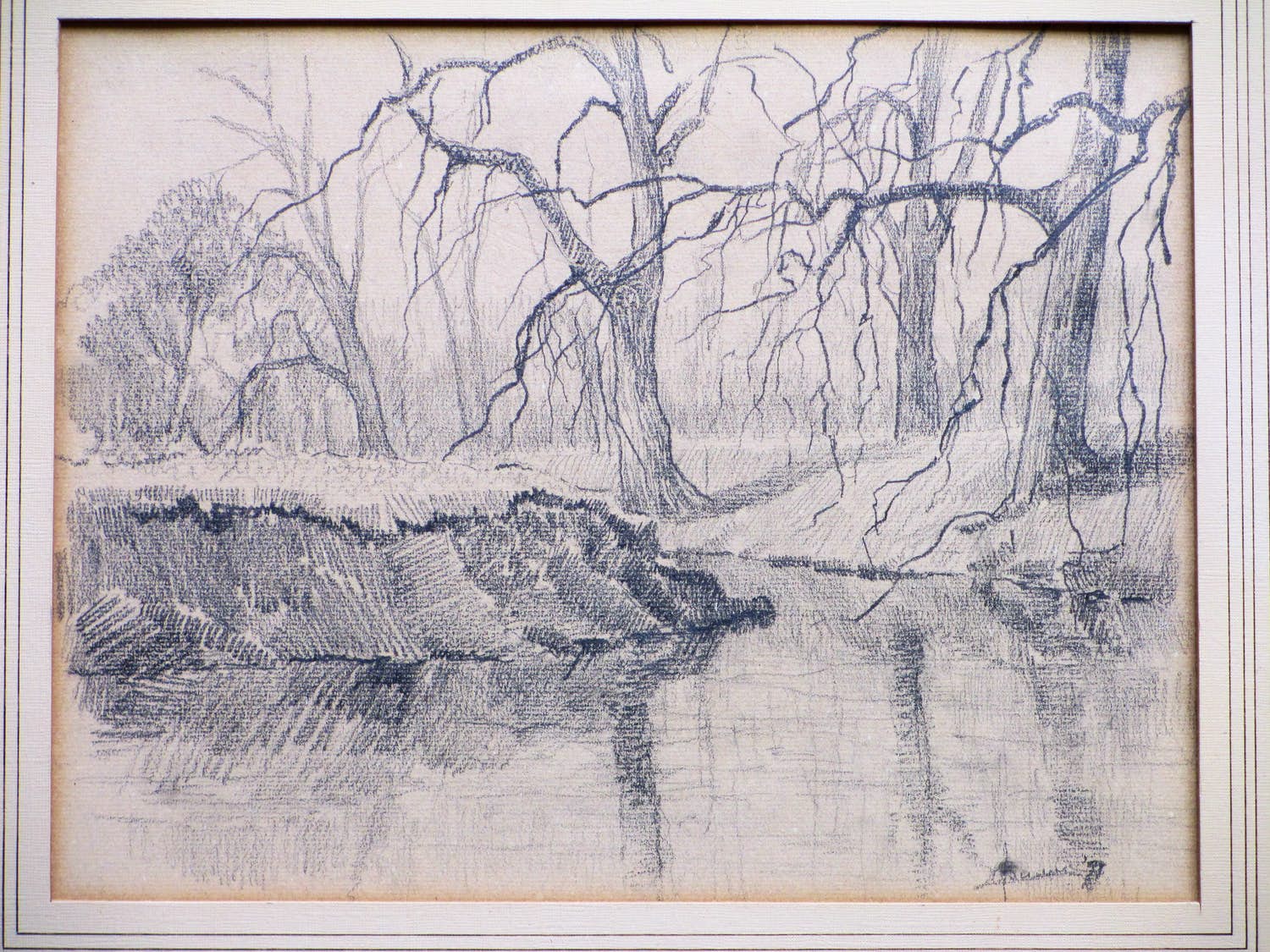 Arend Jan van Driesten - Bosgezicht met vijver - Tekening kopen? Bied vanaf 1!