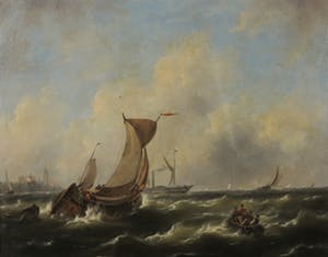 Govert van Emmerik - Olieverf op doek, Schepen op woelige zee bij Dordrecht - Ingelijst kopen? Bied vanaf 500!