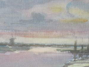 Frans de Nocker - Haventje in landschap bij avondlicht - Gemengde techniek kopen? Bied vanaf 55!