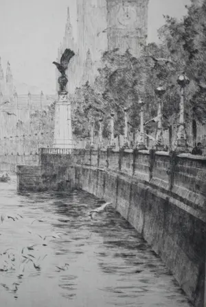 Rowland Langmaid - Londen - het RAF memorial en Houses of Parliament - ets kopen? Bied vanaf 60!