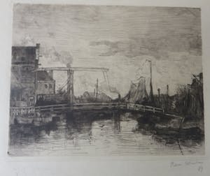Henri Wouters - Stadsgezicht met haven,schepen en ophaalbrug. kopen? Bied vanaf 15!