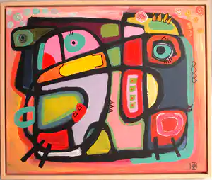 Jasper Banen - Acrylverf op doek , ingelijst , Vogel ontmoet andere vogel en……. – 2022 vendu pour 210€ !