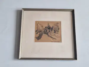 Joop Kropff - circa 1940 - houtskooltekening Kerkje Schoorl - in originele lijst - gesigneerd kopen? Bied vanaf 52!