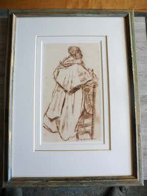 Koos Stikvoort - Krijttekening, met een biddende priester op een bidstoel. verkocht voor € 120!