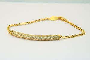 2510-  18 karaats geel-gouden armband - kinder/dames model - 5 rijen zirkonia verkocht voor € 110!