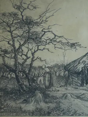 Toon de Jong - Ingelijste ets , Eemnes-Buiten met Boerin - 1906 kopen? Bied vanaf 50!