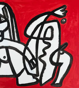 Gundi Falk - Kubistische Umarmung auf rotem Hintergrund kopen? Bied vanaf 280!