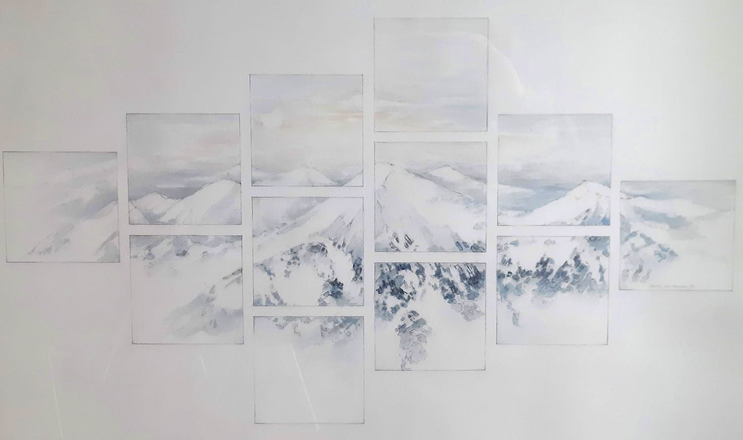 Cornelia van Beveren - potloodtekening - Besneeuwde bergtoppen - ingelijst verkocht voor € 95!