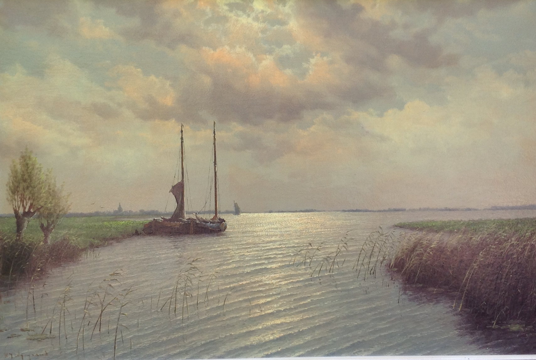 Herman Wijngaard - Zicht op de lek met boten aangemeerd.  kopen? Bied vanaf 600!