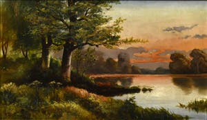 Niet of onleesbaar gesigneerd - (19-20e eeuws)- landschap-"Rivier oever bij zonsondergang"- olieverf op doek. kopen? Bied vanaf 10!