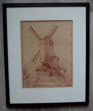 Niet of onleesbaar gesigneerd - Onbekende kunstenaar- ingelijste krijttekening : Molen - 1933 kopen? Bied vanaf 10!