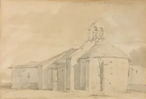 Niet of onleesbaar gesigneerd - Inkttekening, Romaans kerkje (Jan Wils?) kopen? Bied vanaf 1!