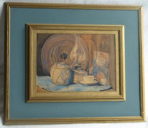 Frits Hes - Ingelijste aquarel , Stilleven met spiegel en olielamp – ca. 1950 kopen? Bied vanaf 50!