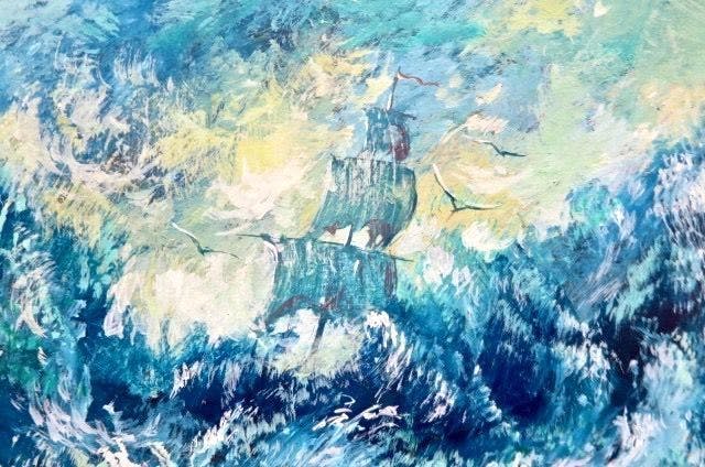 Niet of onleesbaar gesigneerd - Azat Malik - Schip op woeste zee - In net passe-partout kopen? Bied vanaf 1!