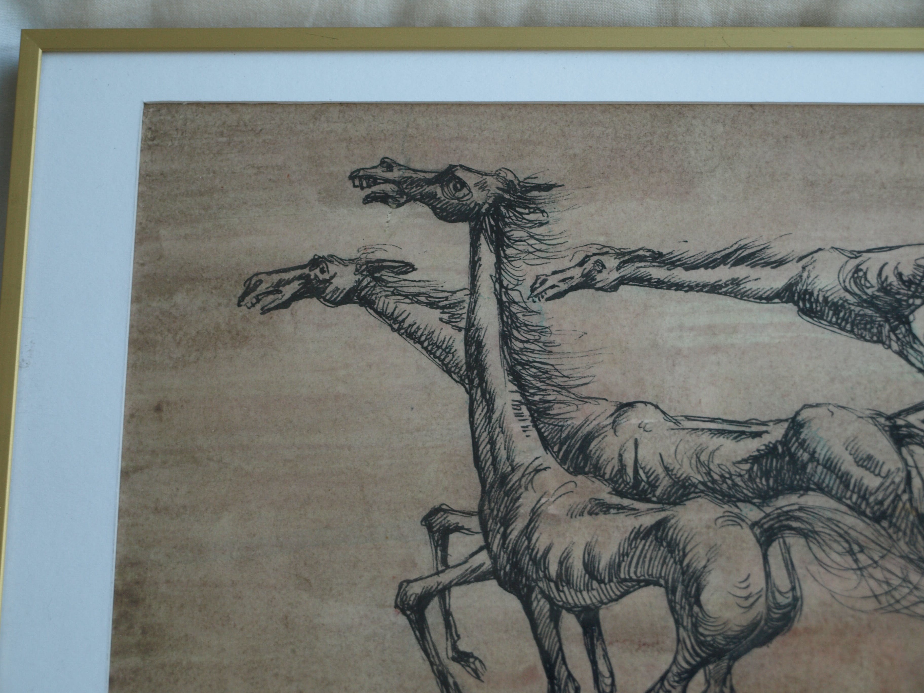 Klaas Pijlman - Pentekening , 3 Paarden – gesigneerd & ingelijst – 1966 kopen? Bied vanaf 35!